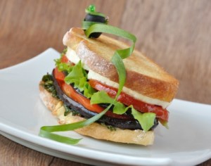 Sandwich With Eggplant, Tomatoes, Peppers And Cheese by Apolonia